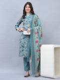 Turquoise Cotton Blend Embroidered Straight Kurta & Pant With Dupatta