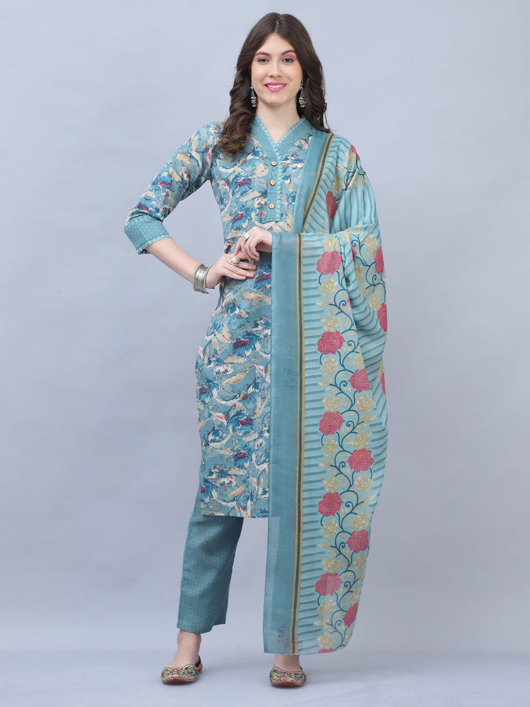 Turquoise Cotton Blend Embroidered Straight Kurta & Pant With Dupatta