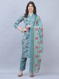 Turquoise Cotton Blend Embroidered Straight Kurta & Pant With Dupatta