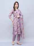 Purple Cotton Blend Embroidered Straight Kurta & Pant With Dupatta