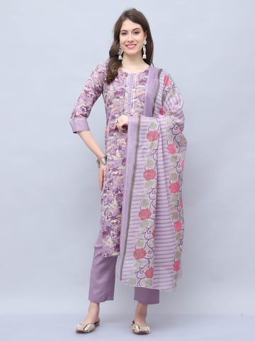 Purple Cotton Blend Embroidered Straight Kurta & Pant With Dupatta