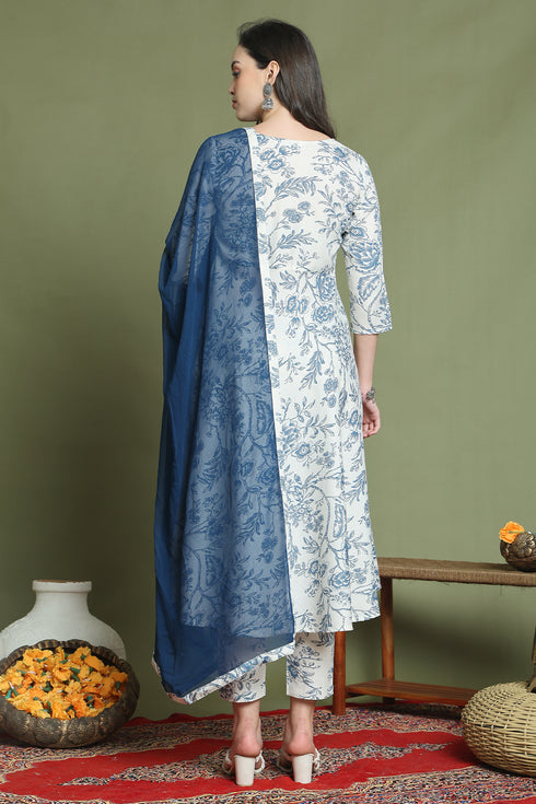 Off White & Blue Cotton Floral Printed Kurta & Pant With Dupatta