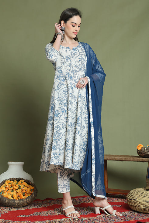 Off White & Blue Cotton Floral Printed Kurta & Pant With Dupatta