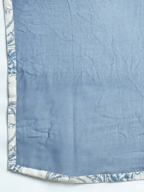 Off White & Blue Cotton Floral Printed Kurta & Pant With Dupatta