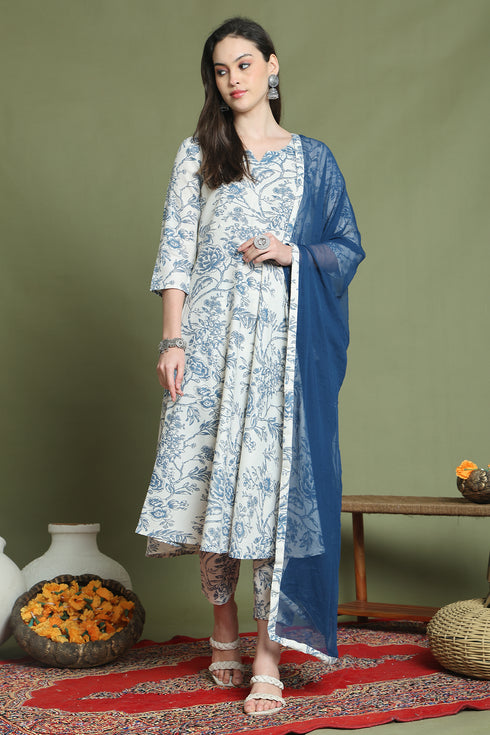 Off White & Blue Cotton Floral Printed Kurta & Pant With Dupatta