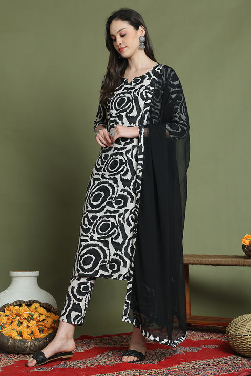 Black & White Cotton Abstract Printed Kurta & Pant With Dupatta