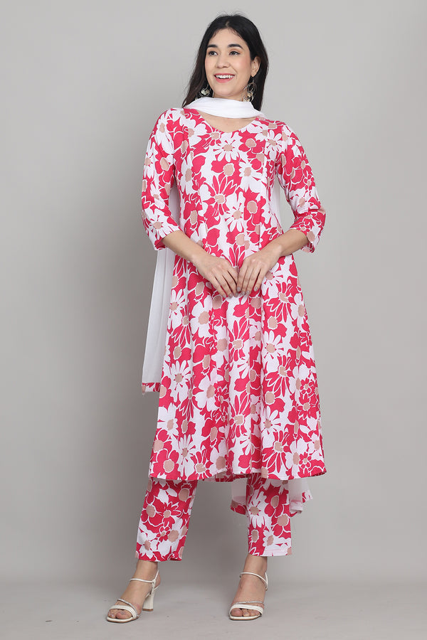 Women Pink & White Cotton Blend  Floral Printed Kurta & Pant With Dupatta