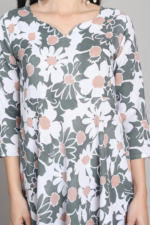 Women Olive Green & White Cotton Blend  Floral Printed Kurta & Pant With Dupatta