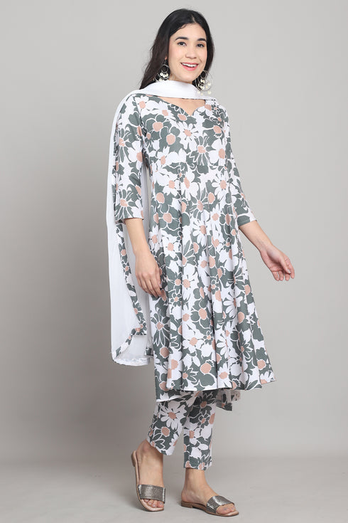 Women Olive Green & White Cotton Blend  Floral Printed Kurta & Pant With Dupatta