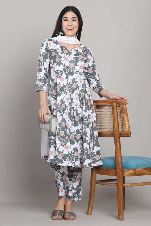 Women Olive Green & White Cotton Blend  Floral Printed Kurta & Pant With Dupatta
