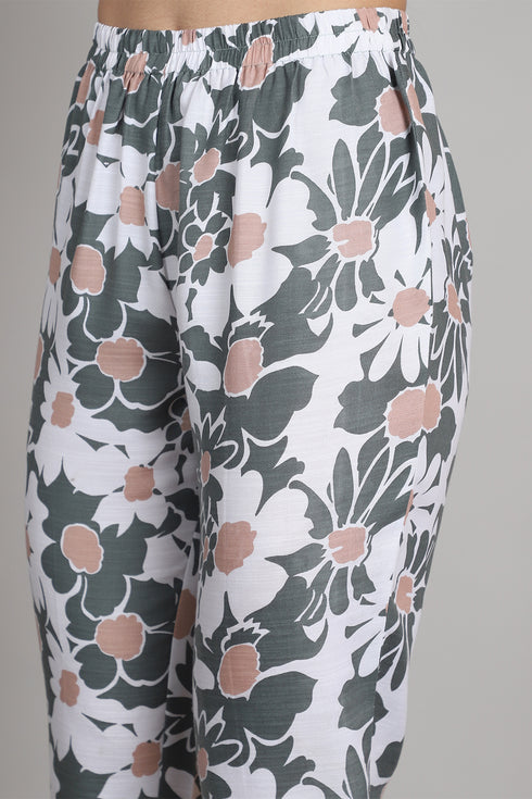 Women Olive Green & White Cotton Blend  Floral Printed Kurta & Pant With Dupatta