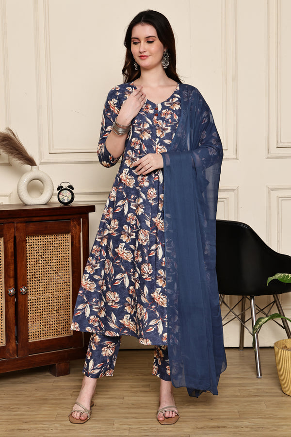 Blue Blossom Floral Printed Kurta & Pant with Dupatta
