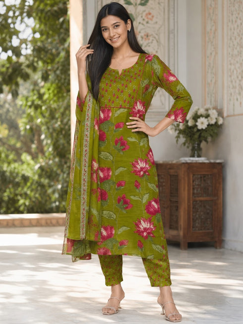 Parrot Green Cotton Blend Jaipuri Printed Straight Kurta & Pant With Dupatta