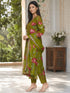 Parrot Green Cotton Blend Jaipuri Printed Straight Kurta & Pant With Dupatta