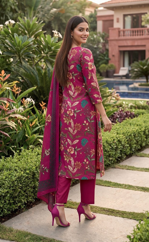 Magenta Cotton Jaipuri Printed Kurta & Pant With Dupatta