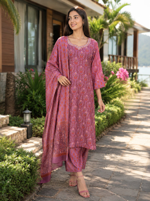 Dusty Pink Cotton Jaipuri Printed Kurta & Pant With Dupatta