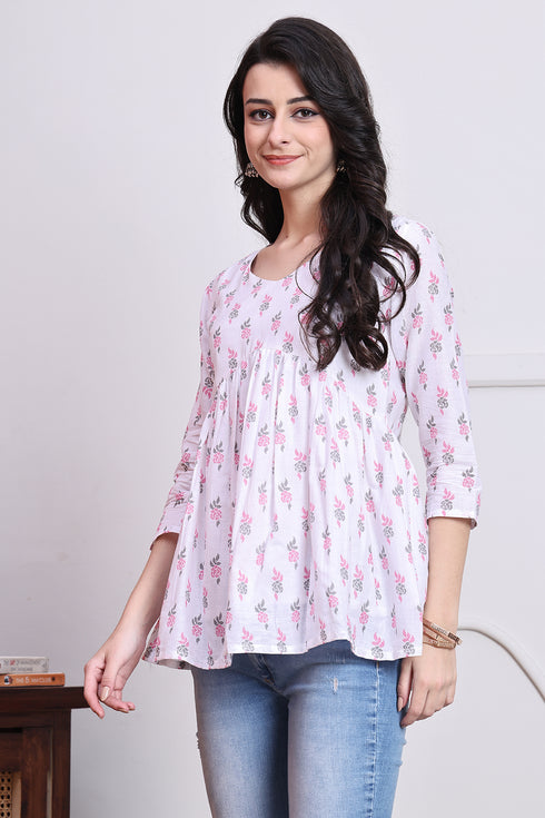 White Women's Cotton Floral Printed Short Top
