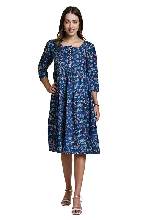 Blue Garden Delight Pure Cotton Jaipuri Printed Western Dress