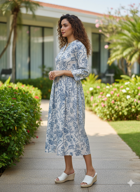 Serene Petal Pure Cotton Jaipuri Printed Western Dress