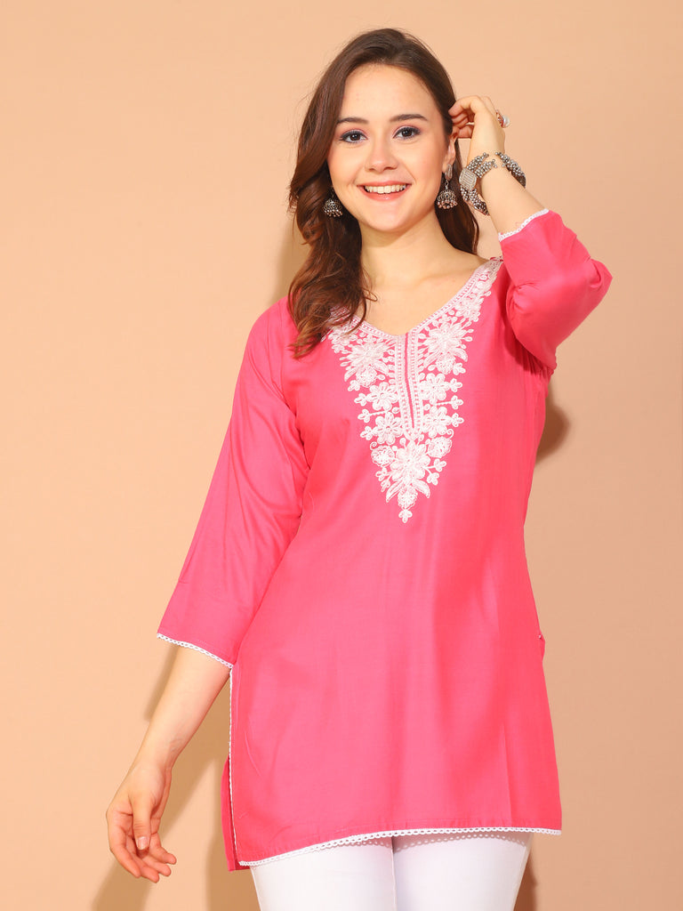 Pink Rayon Floral Embroidered Tunic