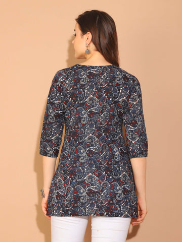 Black & Navy Blue Pure Cotton Kalamkari Printed Tunic