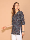 Black & Navy Blue Pure Cotton Kalamkari Printed Tunic