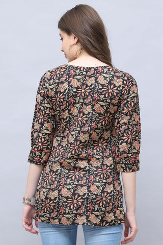 Black & Beige Cotton Blend Floral Printed Tunic