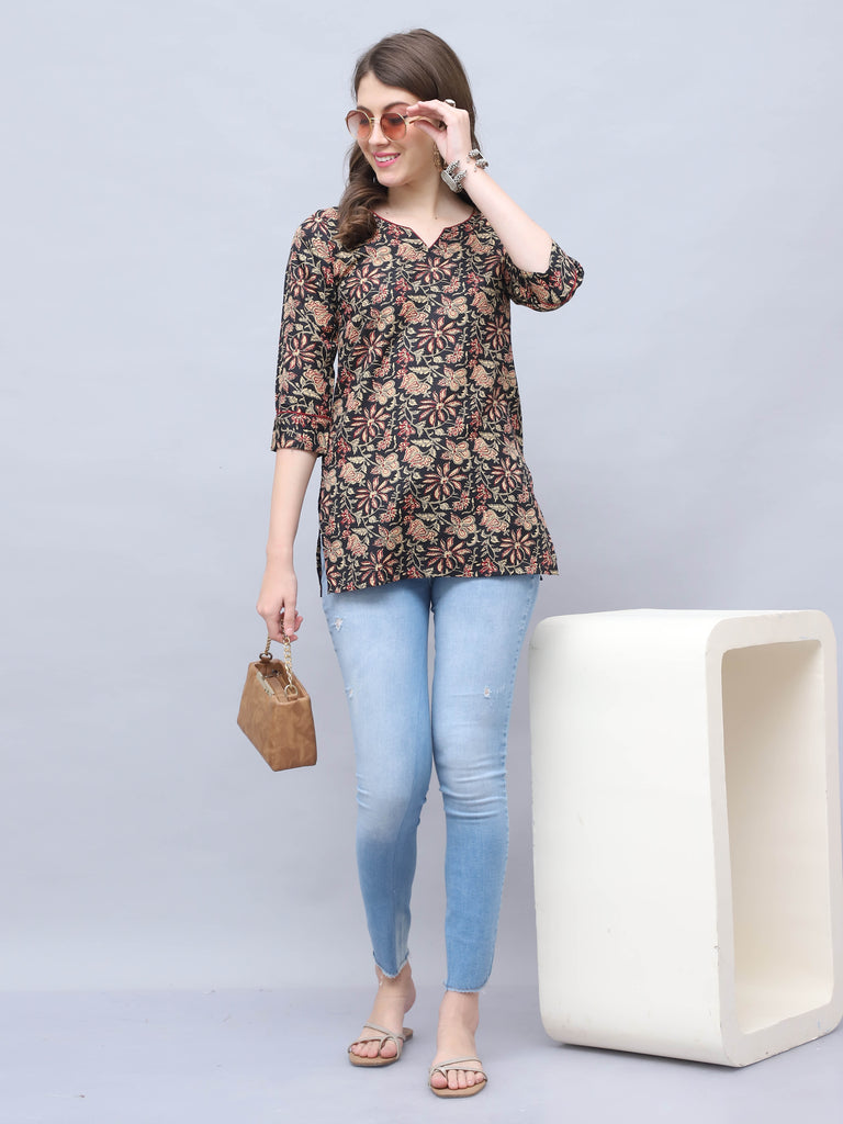 Black & Beige Cotton Blend Floral Printed Tunic