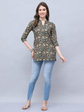 Brown & Beige Cotton Blend Floral Printed Tunic