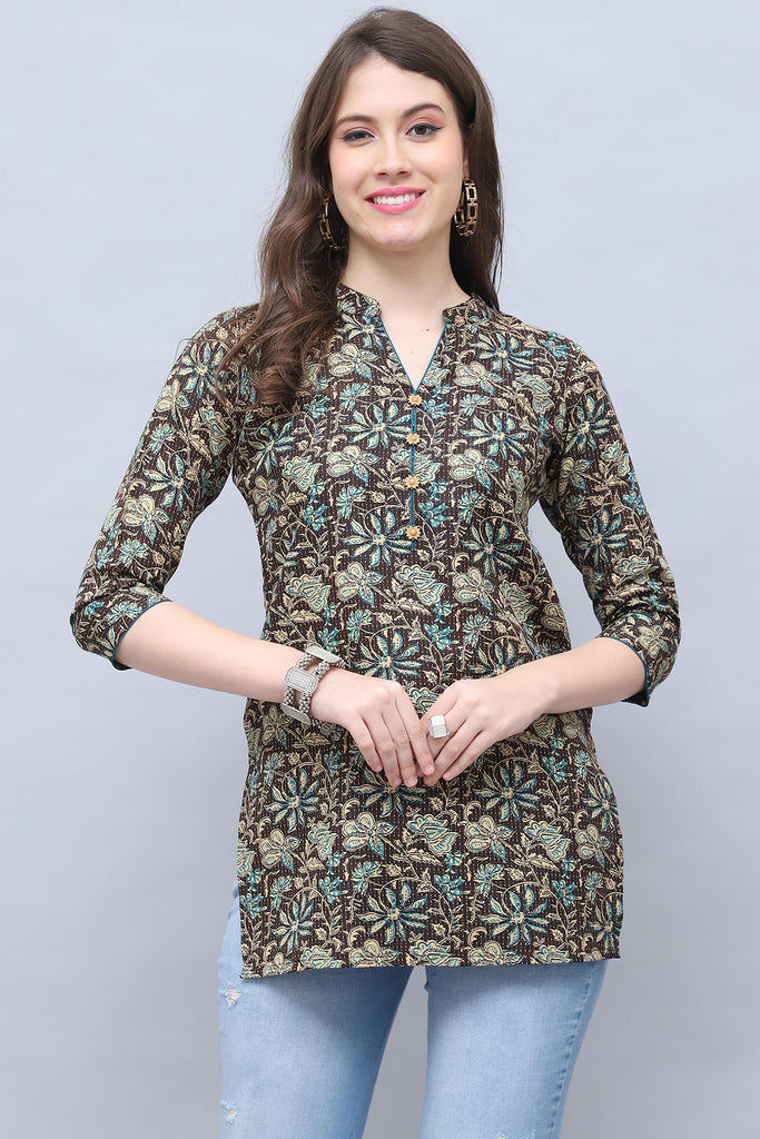 Brown & Beige Cotton Blend Floral Printed Tunic