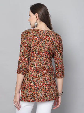 Maroon & Blue Cotton Blend Floral Printed Tunic