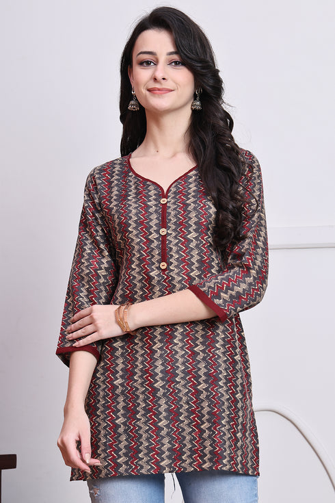 Grey & Maroon Women's Cotton Zig-Zag Printed Tunic