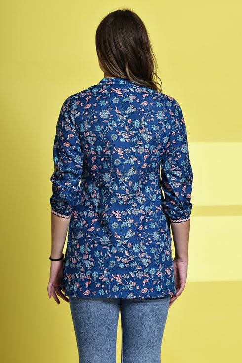 Blue Petal Elegance Cotton Jaipuri Printed Tunic