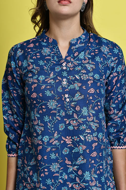 Blue Petal Elegance Cotton Jaipuri Printed Tunic