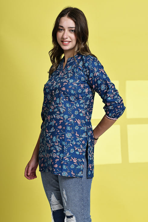Blue Petal Elegance Cotton Jaipuri Printed Tunic