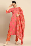 Pink Pure Cambric Cotton Jaipuri Printed Kurta Set With Dupatta