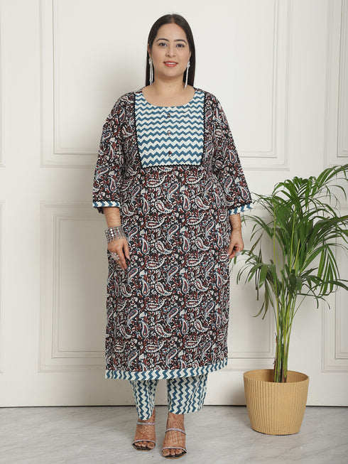 Multicolor Pure Cambric Cotton Printed Plus Size Kurta & Pant With Dupatta