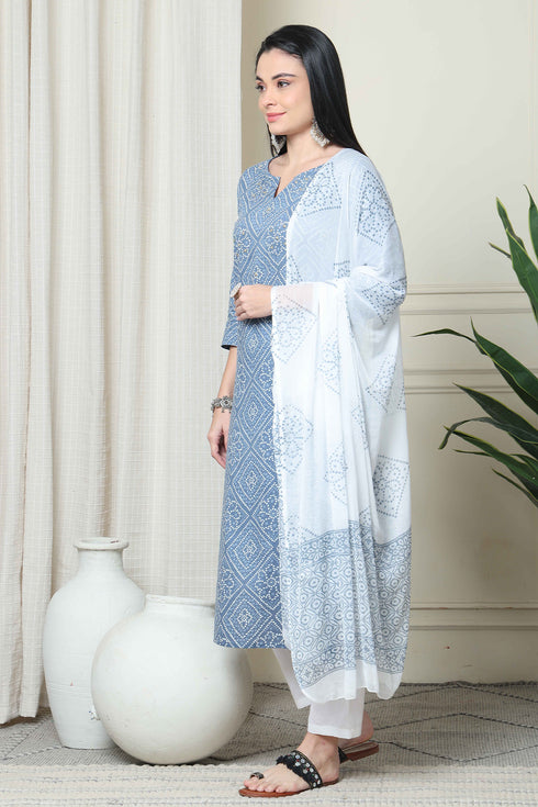 Grey And White  Pure Cambric Cotton Printed Kurta Set With Dupatta