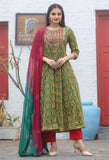 Green & Red Pure Cambric Cotton Embroidered Kurta Set With Dupatta