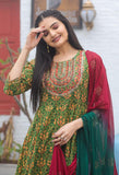 Green & Red Pure Cambric Cotton Embroidered Kurta Set With Dupatta