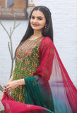 Green & Red Pure Cambric Cotton Embroidered Kurta Set With Dupatta