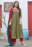 Green & Red Pure Cambric Cotton Embroidered Kurta Set With Dupatta