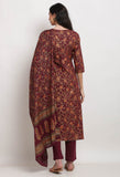 Wine Pure Cambric Cotton Floral Printed Kurta Set With Dupatta