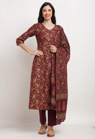 Wine Pure Cambric Cotton Floral Printed Kurta Set With Dupatta