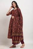 Wine Pure Cambric Cotton Floral Printed Kurta Set With Dupatta