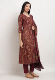 Wine Pure Cambric Cotton Floral Printed Kurta Set With Dupatta