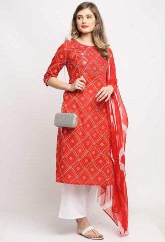 Red Pure Cambric Cotton Embroidered Kurta Set With Dupatta