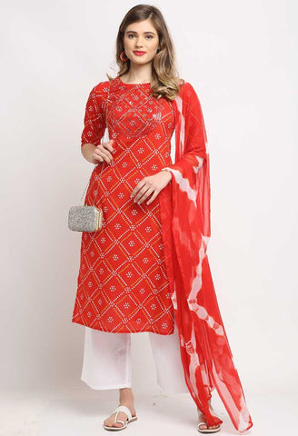 Red Pure Cambric Cotton Embroidered Kurta Set With Dupatta