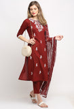 Wine Pure Cambric Cotton Floral Embroidered Kurta Set With Dupatta