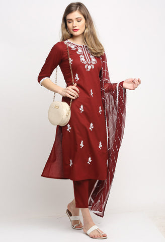 Wine Pure Cambric Cotton Floral Embroidered Kurta Set With Dupatta